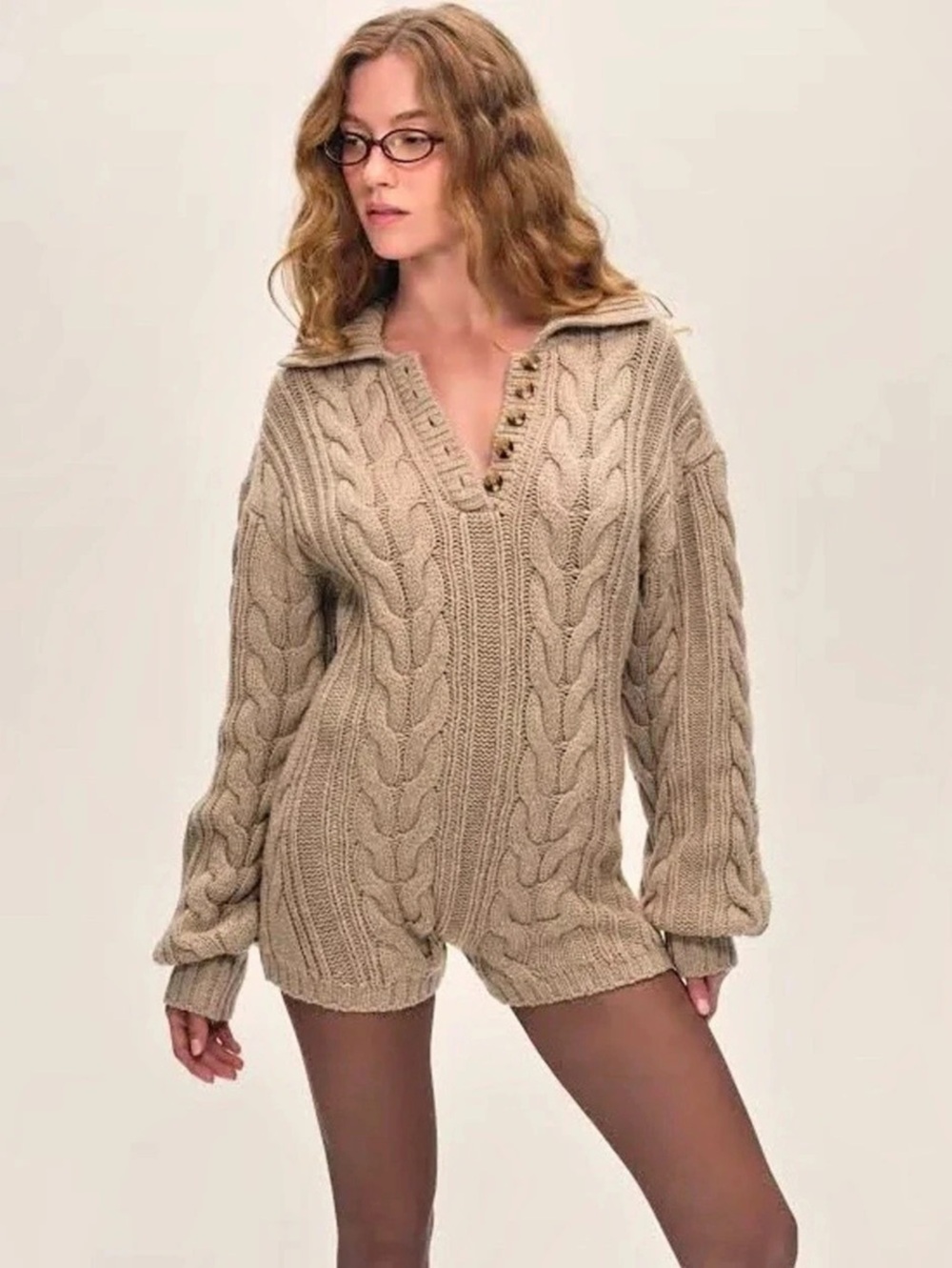 For Love & Lemons Nathalie Collared Cable Knit Romper Brown